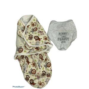 Baby Swaddle Wrap & Bib Cream/Brown & Kerchief Bib Lot of 2 in Gray  Newborn